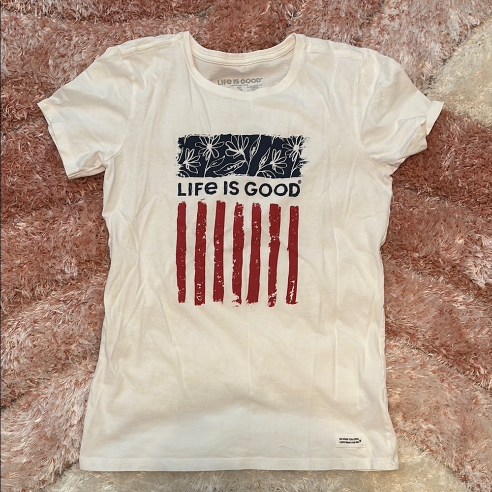 Life Is Good White Tee with Red and Blue Graphic